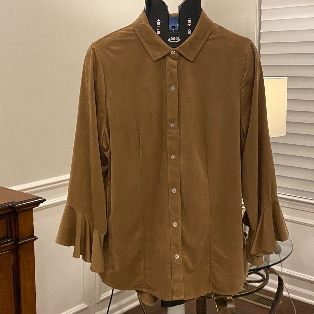 Liverpool Ruffle Cuff Faux Suede Shirt, Size L, Tan/Brown